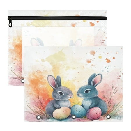 Easter Eggs Bunnies Leaves A4 Pencil Pouch 3 Ring Zipper Pencil Pouches Pencil Case for Binder Cosmetic Bag 2 Pack