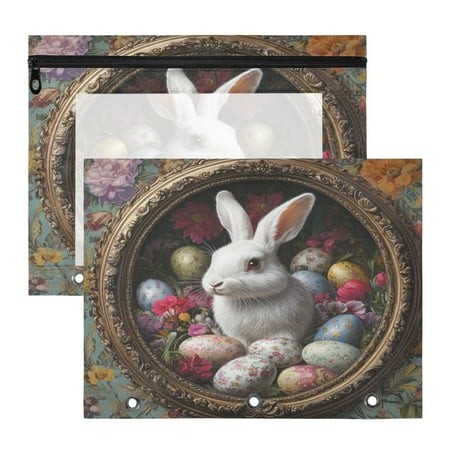 Rabbit Easter Eggs A4 Pencil Pouch 3 Ring Zipper Pencil Pouches Pencil Case for Binder Cosmetic Bag 2 Pack