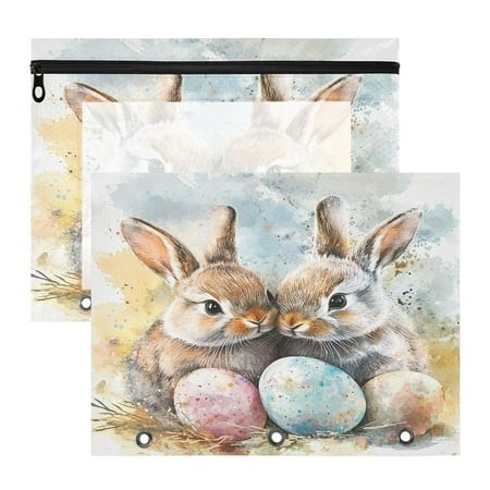 Bunnies Easter Eggs A4 Pencil Pouch 3 Ring Zipper Pencil Pouches Pencil Case for Binder Cosmetic Bag 2 Pack