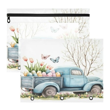 Blue Truck Easter Eggs A4 Pencil Pouch 3 Ring Zipper Pencil Pouches Pencil Case for Binder Cosmetic Bag 2 Pack