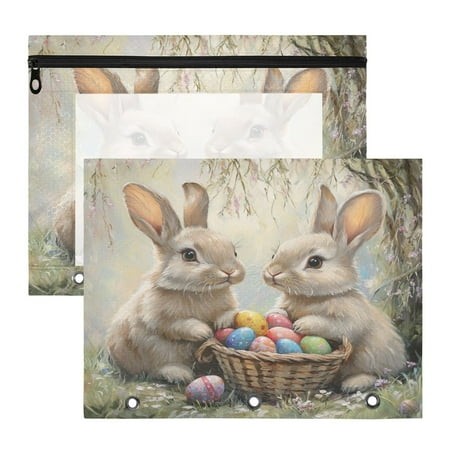 Rabbits Easter Eggs A4 Pencil Pouch 3 Ring Zipper Pencil Pouches Pencil Case for Binder Cosmetic Bag 2 Pack