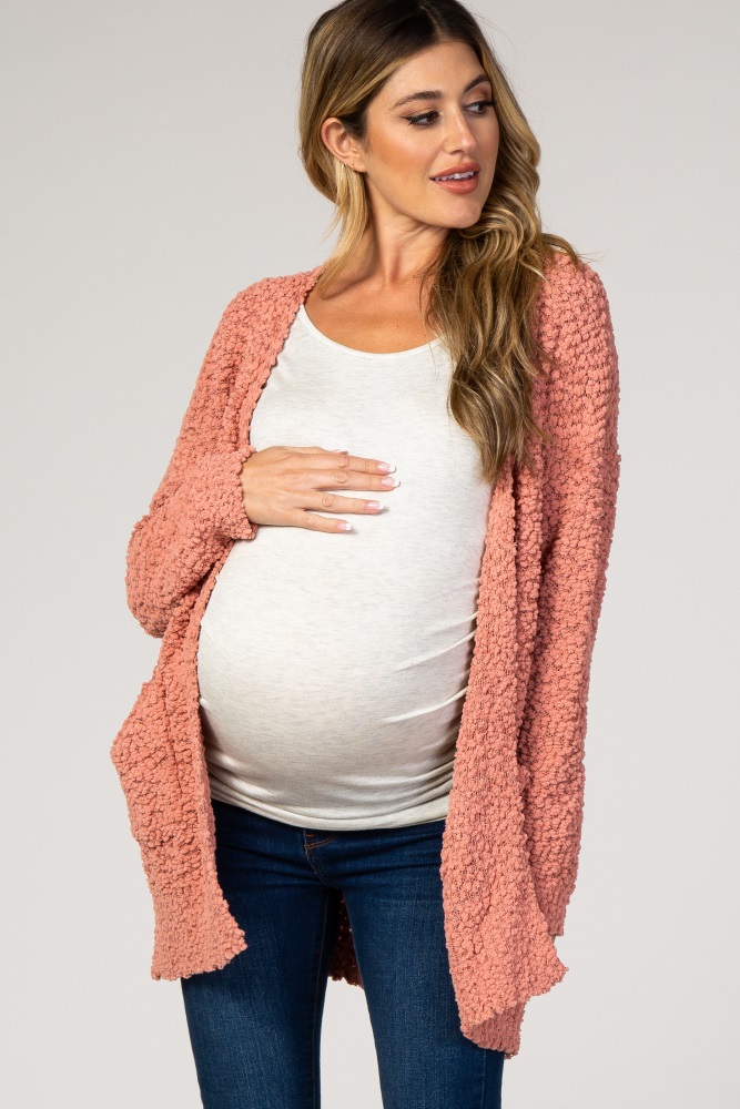 Coral Popcorn Knit Cardigan