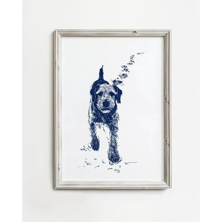 Modroom Doodle Dog Beach Path  Delightful Coastal Dog Art  Happy Berna Doodle Beach Art  Lake Cottage Water Decor  Minimalist Blue Sketch Poster  Mode