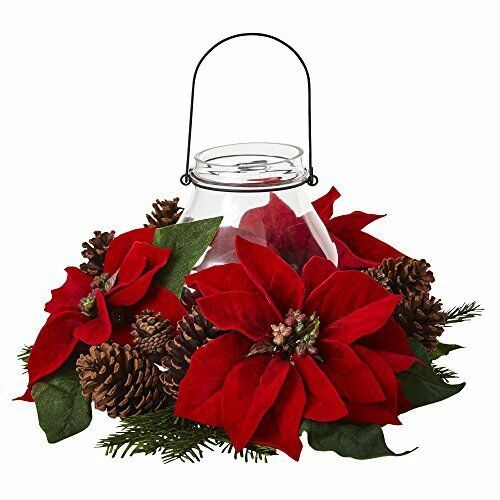 Nearly Natural 4875 Poinsettia Pine & Pine Cone Candelabrum NEW
