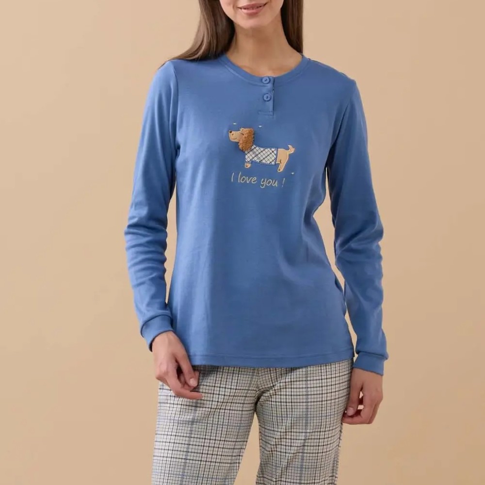 Pigiama Serafino Cocker 9253 Caldo Cotone Donna Noi Di Notte Blu Avio