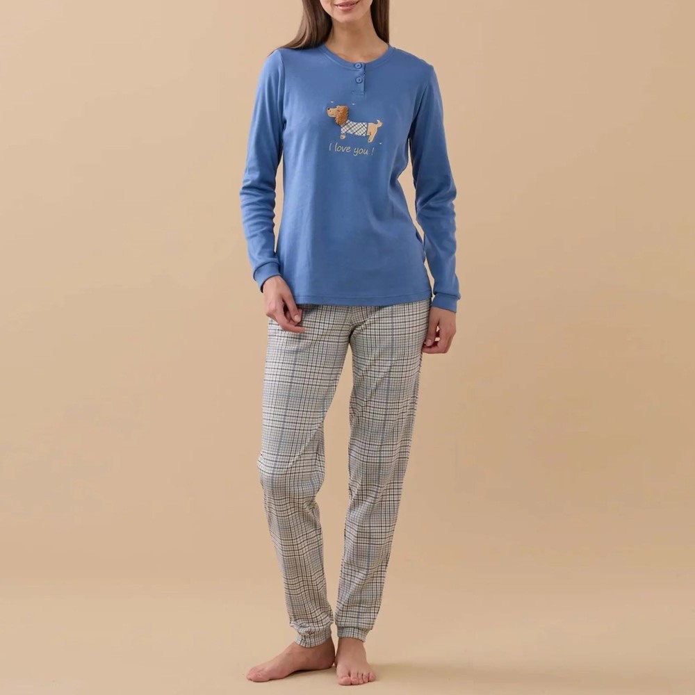Pigiama Serafino Cocker 9253 Caldo Cotone Donna Noi Di Notte Blu Avio thumbnail