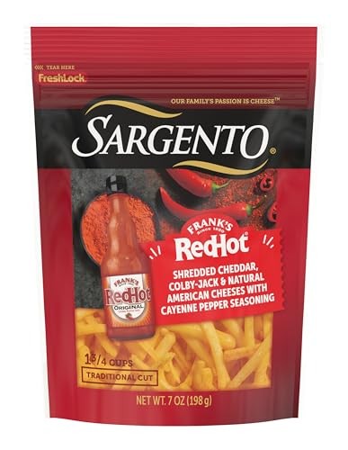 Sargento Franks RedHot Natural Cheddar, Colby Jack, and American Shredded Cheese with Cayenne Pepper Seasoning, Traditional Cut, 7 Oz