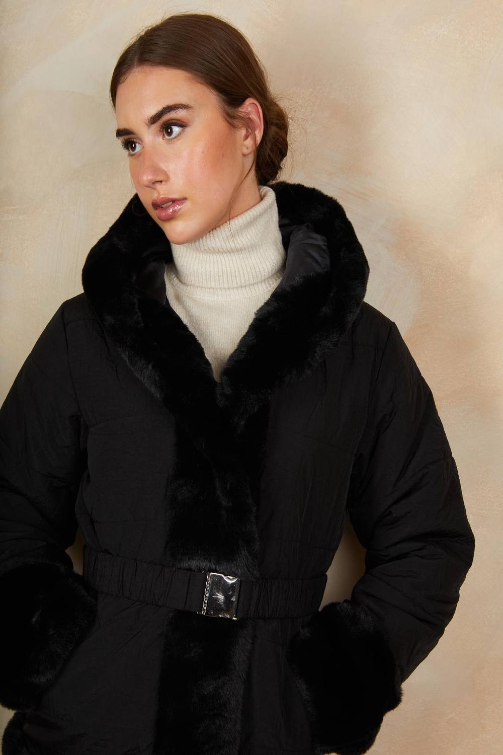 Chi Chi London Women's Faux Fur Belted Padded Coat in Black | Size: 16 thumbnail