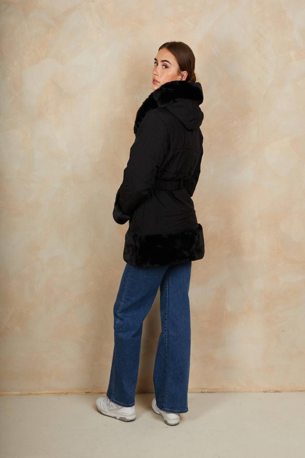 Chi Chi London Women's Faux Fur Belted Padded Coat in Black | Size: 16 thumbnail