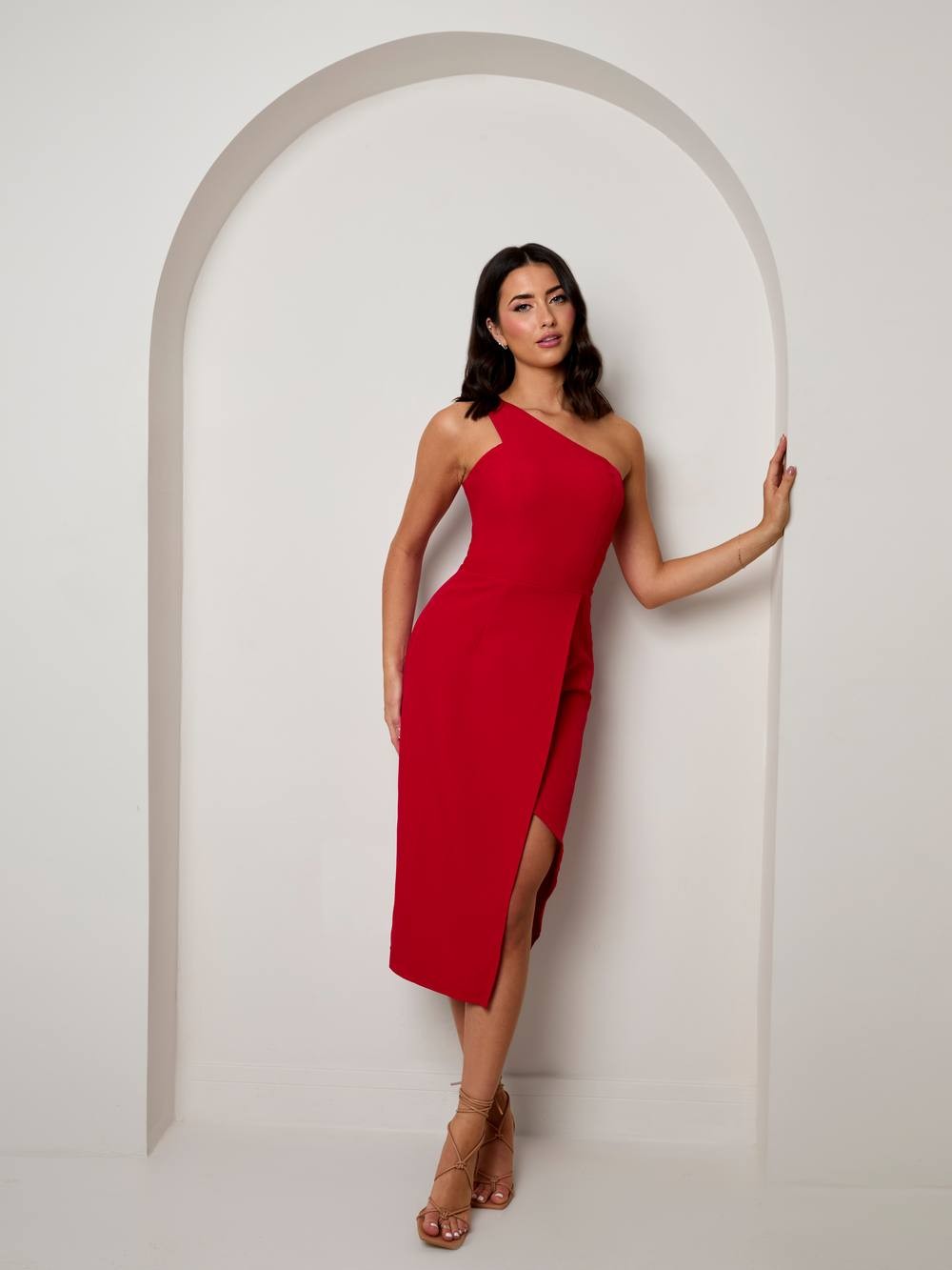Chi Chi London Women's One Shoulder Split Detail MIDI Dress in Red | Size: 16