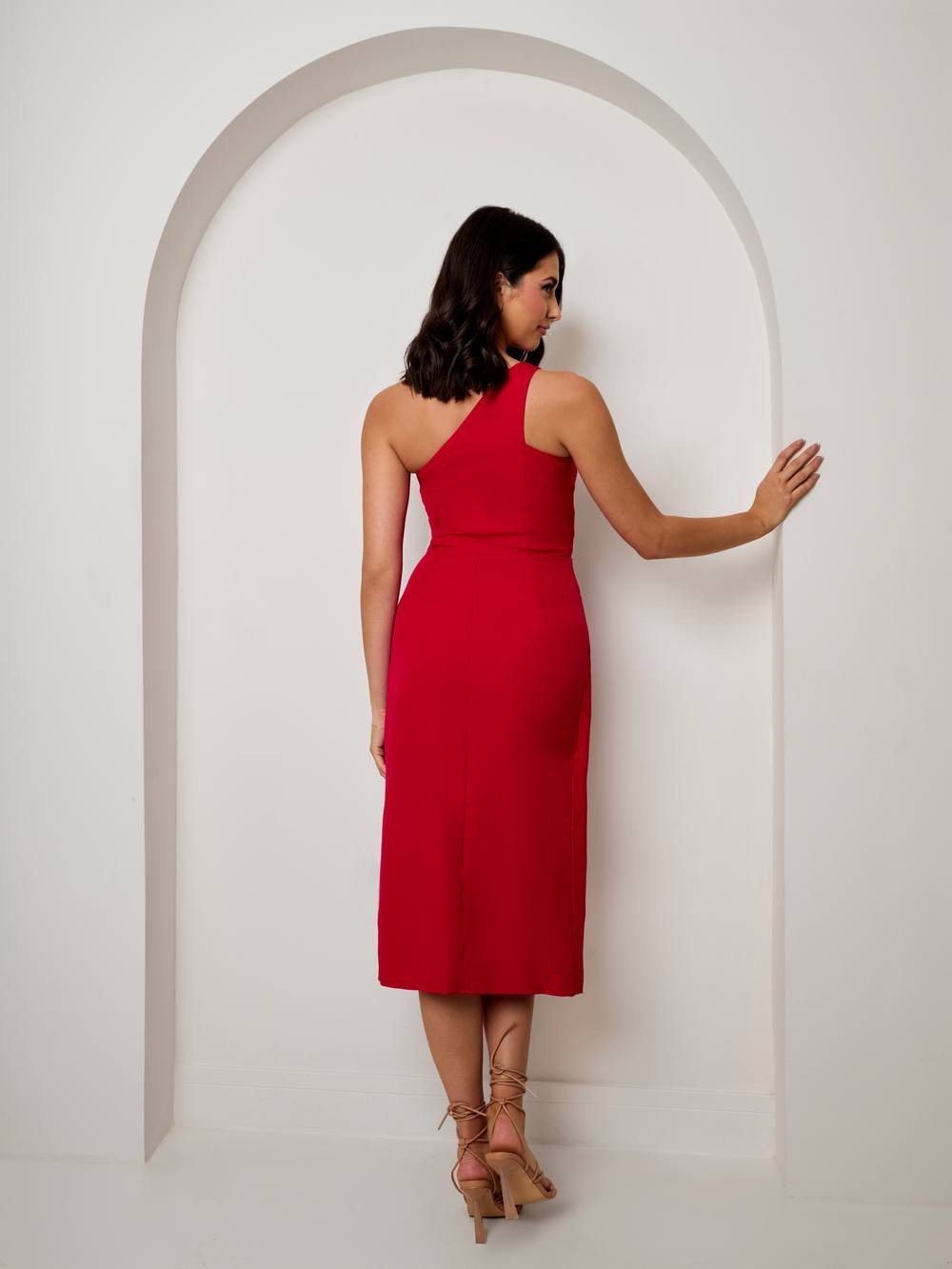 Chi Chi London Women's One Shoulder Split Detail MIDI Dress in Red | Size: 16 thumbnail