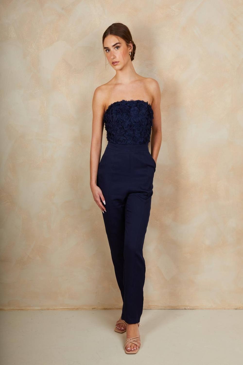 Chi Chi London Women's 3D Floral Bandeau Jumpsuit in Navy | Size: 16