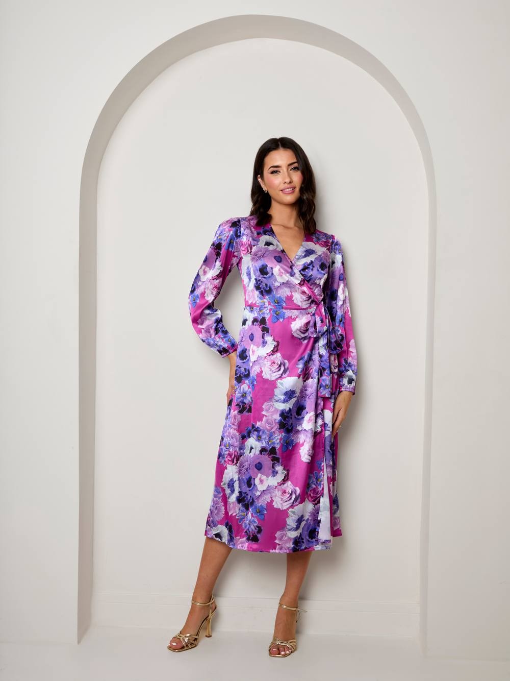 Chi Chi London Women's Long Sleeve Floral Wrap Dress in Purple | Size: 16