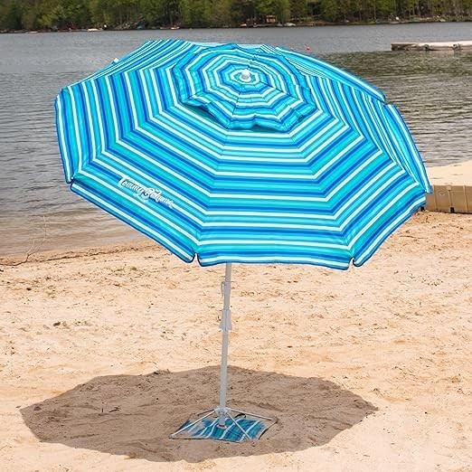 Tommy Bahama ANCHORX 7.5’ Beach Umbrella System, Blue Stripes - Lightweight Easy