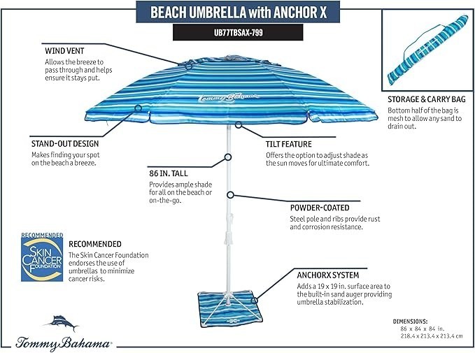Tommy Bahama ANCHORX 7.5’ Beach Umbrella System, Blue Stripes - Lightweight Easy