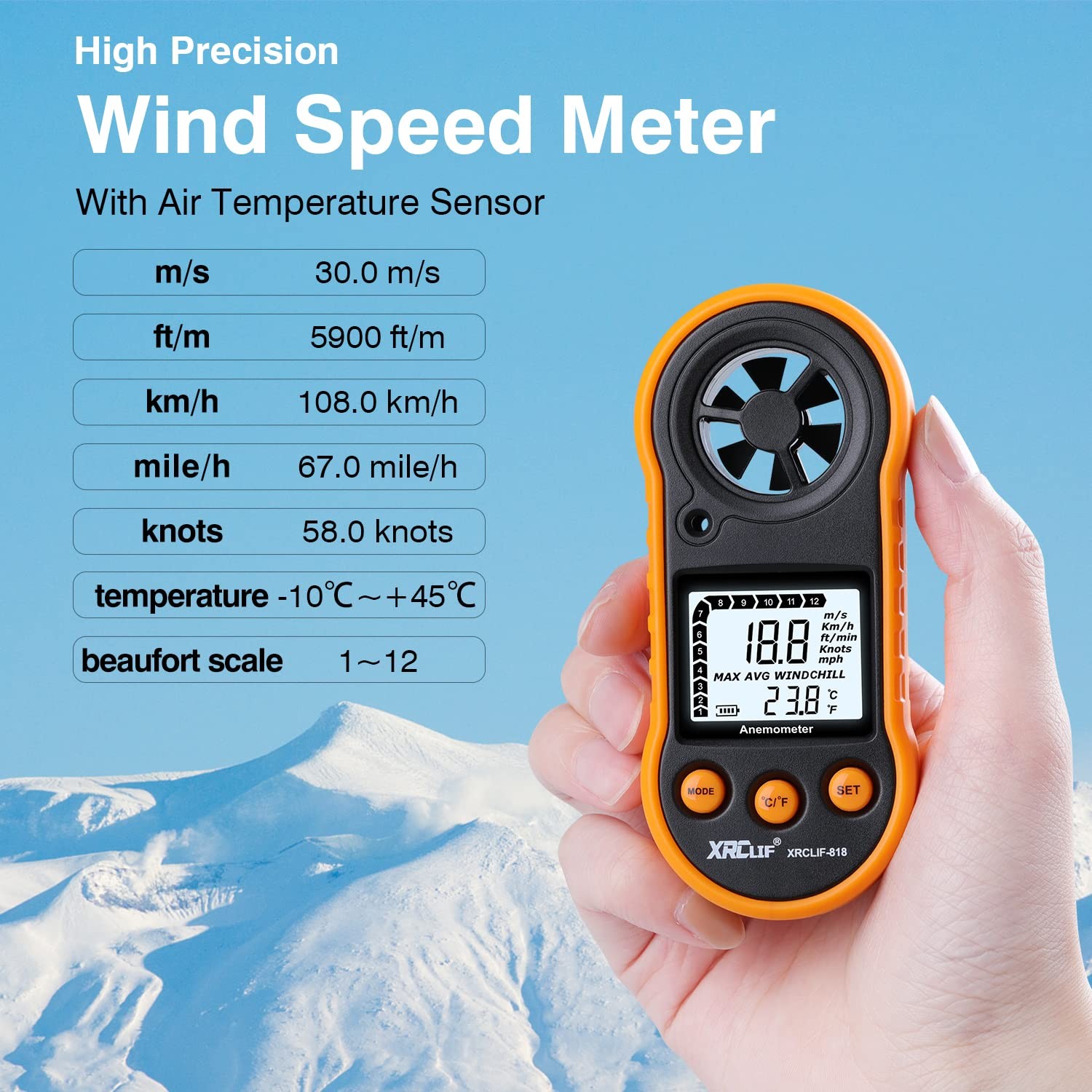 【MÈTRE DE VENT MULTIFONCTION】— : Conçu Pour Mesurer La Vitesse Du Vent (0-30 M/s, 0-5860 Pieds/min, 0-55 Nœuds, 0-90 Km/h, 0-65 Mph) Avec 12  thumbnail