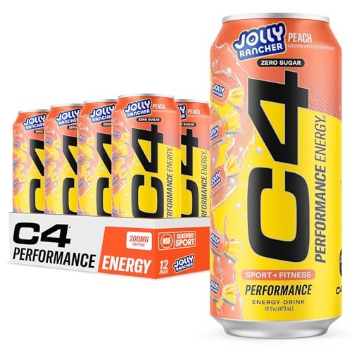 Cellucor C4 Performance Energy Drink | JOLLY RANCHER Peach | Zero Sugar Carbonated Preworkout Energy | 200mg Caffeine with Beta Alanine | 16 Fl Oz (12