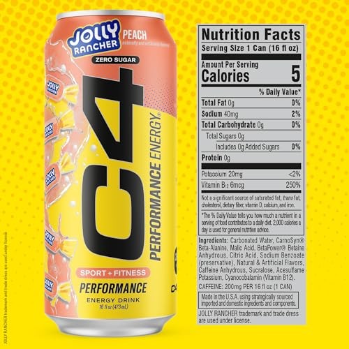 Cellucor C4 Performance Energy Drink | JOLLY RANCHER Peach | Zero Sugar Carbonated Preworkout Energy | 200mg Caffeine with Beta Alanine | 16 Fl Oz (12 thumbnail