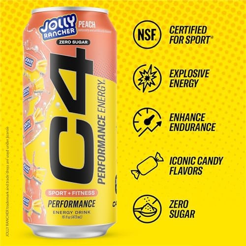 Cellucor C4 Performance Energy Drink | JOLLY RANCHER Peach | Zero Sugar Carbonated Preworkout Energy | 200mg Caffeine with Beta Alanine | 16 Fl Oz (12 thumbnail