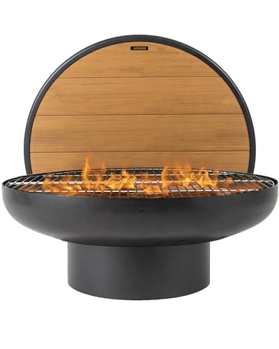 DENKOE  Round Fire Pit Table with Fire Pit Grill, Extra Thick, Heavy Duty Fire Bowl, Deep Outdoor Firepit, Wood Burning Firepits for Outside Pa