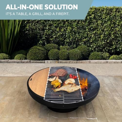 DENKOE  Round Fire Pit Table with Fire Pit Grill, Extra Thick, Heavy Duty Fire Bowl, Deep Outdoor Firepit, Wood Burning Firepits for Outside Pa