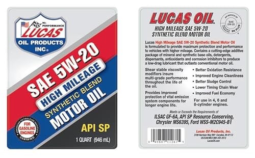 Lucas Oil Synthetic Blend High Mileage SAE 5w-20 Motor Oil_ API SP 1 Quart (Pack of 1) thumbnail