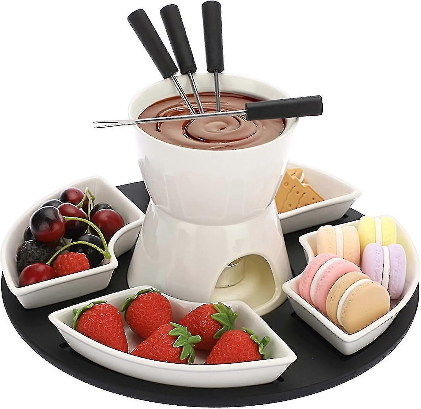 White Ceramic Chocolate Fondue Pot Set Cheese Ice Cream Warmer, 300ml Butter Fondue Set Tea Light Candle Fondue Pot with Wooden Pallet and 4 Forks