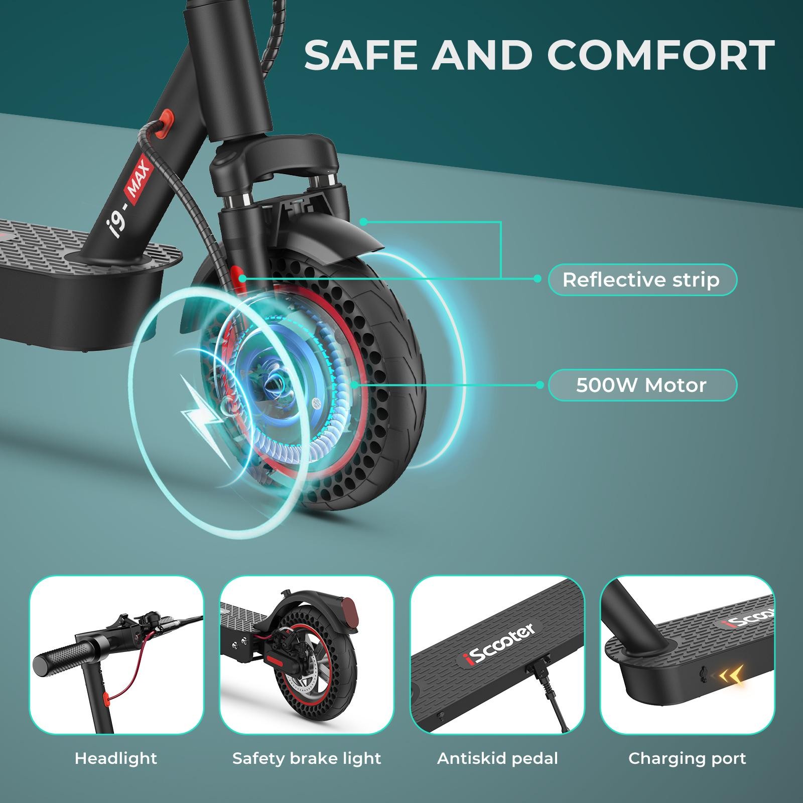Patinete Eléctrico Iscooter I9Max De 10 Pulgadas: Tracción Delantera De 500 W, Autonomía De 30 a 40 Km, Doble Suspensión, Compatible Con La Aplica thumbnail