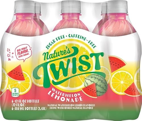 Nature’s Twist Sugar Free Watermelon Lemonade with Real Fruit Juice - Caffeine Free, Low Sodium, Natural Flavor, 12 Fl Oz Bottles (6-pack)