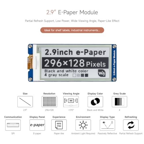 Waveshare 2.9inch E-Ink Display Module for Raspberry Pi & More, 296x128 Resolution, SPI Interface, Partial Refresh, Barebone PC Design thumbnail