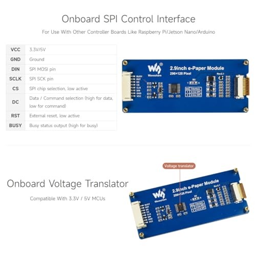 Waveshare 2.9inch E-Ink Display Module for Raspberry Pi & More, 296x128 Resolution, SPI Interface, Partial Refresh, Barebone PC Design thumbnail