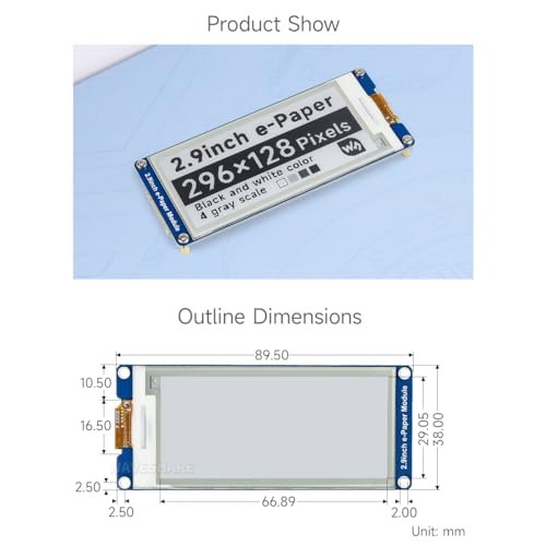 Waveshare 2.9inch E-Ink Display Module for Raspberry Pi & More, 296x128 Resolution, SPI Interface, Partial Refresh, Barebone PC Design thumbnail