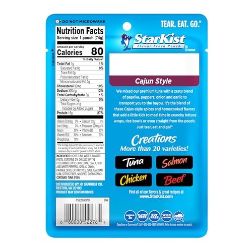 StarKist Tuna Creations Cajun Style, 2.6 Oz Pouch (1 Pack) Ready to Eat Wild Caught Tuna, 15g Protein, 80 Calories per Serving, Gluten Free, Soy Free, thumbnail