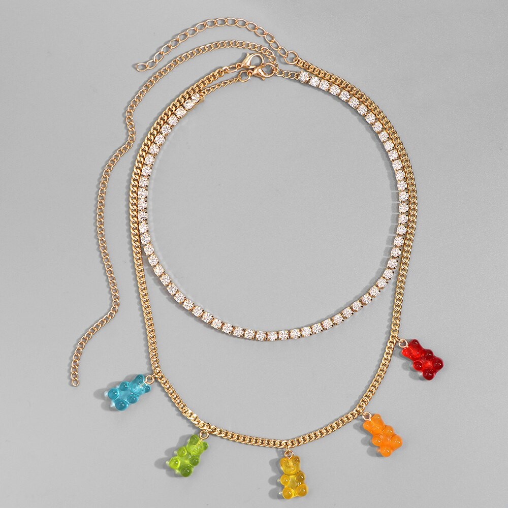 Punk Colorful Gummy Bear Pendant Metal Crystal Choker Necklace for Women Multi-layer Cute Bear Tennis Clavicle Chain Jewelry thumbnail