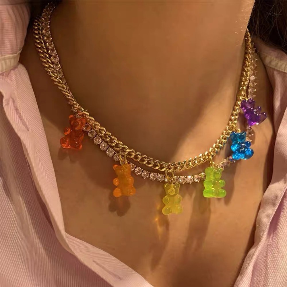 Punk Colorful Gummy Bear Pendant Metal Crystal Choker Necklace for Women Multi-layer Cute Bear Tennis Clavicle Chain Jewelry