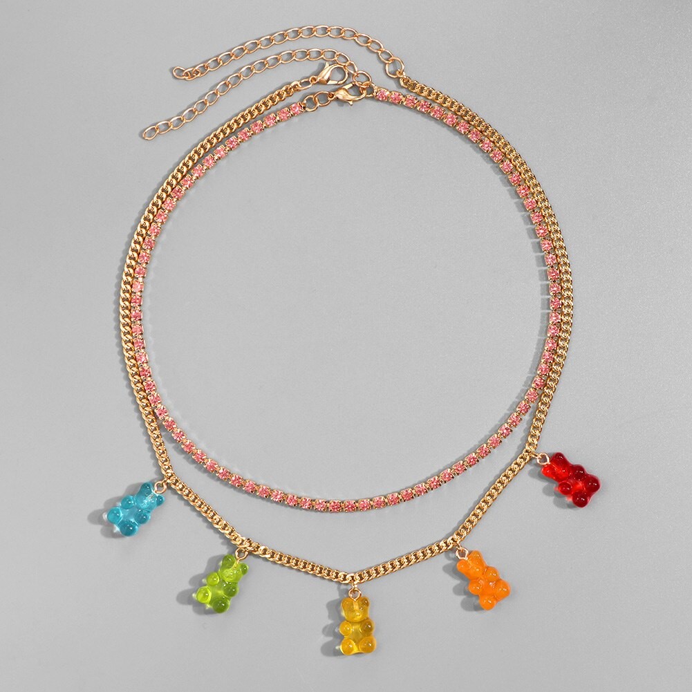 Punk Colorful Gummy Bear Pendant Metal Crystal Choker Necklace for Women Multi-layer Cute Bear Tennis Clavicle Chain Jewelry thumbnail