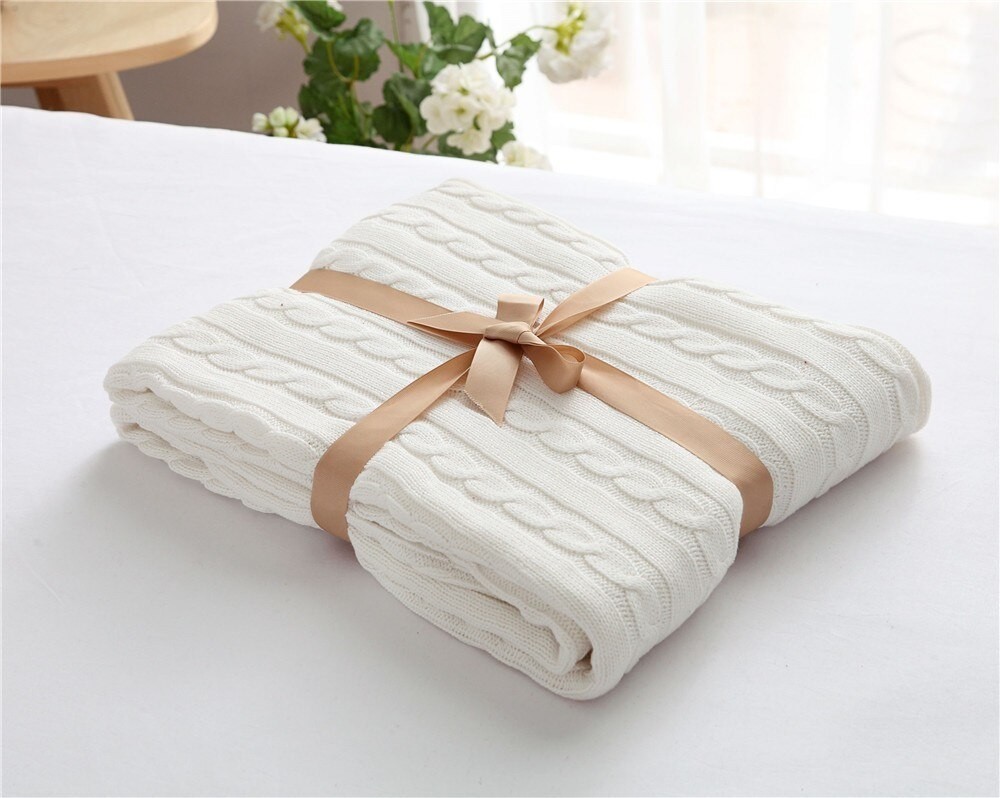 100% Coton Fait à La Main Doux Tricot Couverture Lit Couverture Beige, Rouge, Marron, Bleu Blanc, Gris, Rose Tricot Canapé Couverture thumbnail