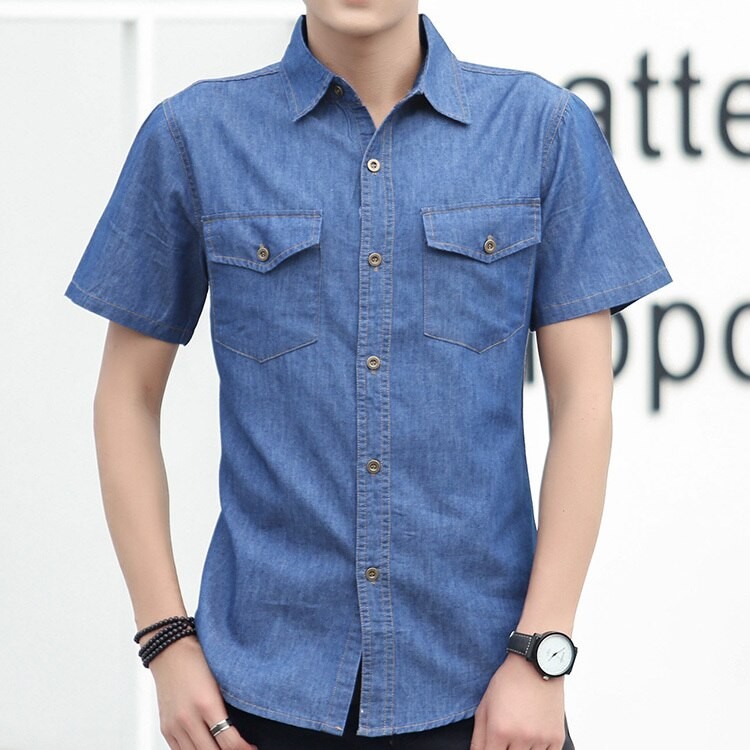 #4719 Chemises D'été En Denim Décontractées Et Fines Pour Hommes, Manches Courtes, Coupe Slim, En Coton, Chemises Pour Hommes thumbnail