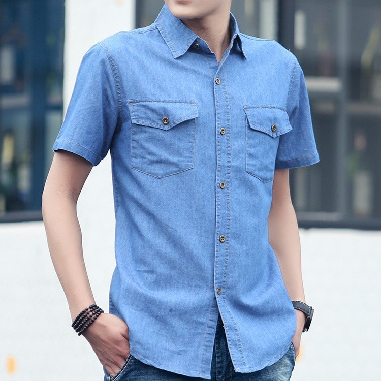 #4719 Chemises D'été En Denim Décontractées Et Fines Pour Hommes, Manches Courtes, Coupe Slim, En Coton, Chemises Pour Hommes thumbnail