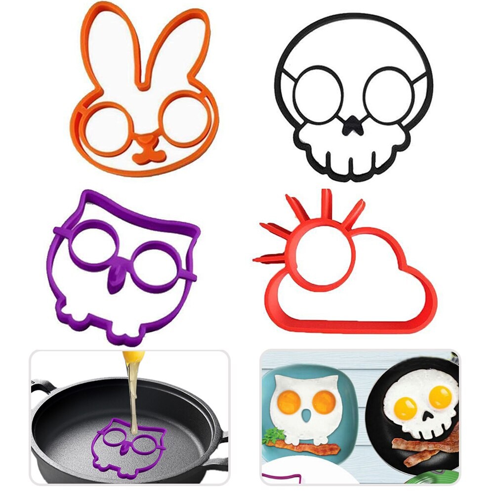 Lot De 4 Moules à œufs Frits En Silicone, Antiadhésifs, En Forme De Squelette, Hibou, Soleil, Lapin, Pour Faire Soi-même Des Omelettes Pour Le Pet
