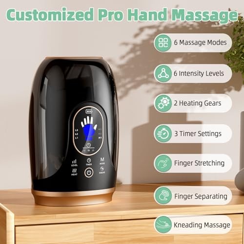 Ealken Hand Massager with Heat and Compression, 6 Holes Finger Stretching Hand Massager for Arthritis and Carpal Tunnel, 6 Levels Pressure Therapy wit