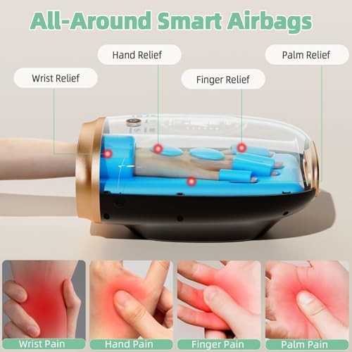 Ealken Hand Massager with Heat and Compression, 6 Holes Finger Stretching Hand Massager for Arthritis and Carpal Tunnel, 6 Levels Pressure Therapy wit