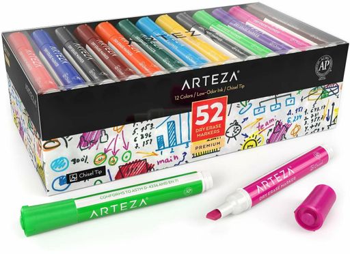 ARTEZA Dry Erase Markers, Bulk Pack of 52 (with Chisel Tip), 12 Assorted Colors