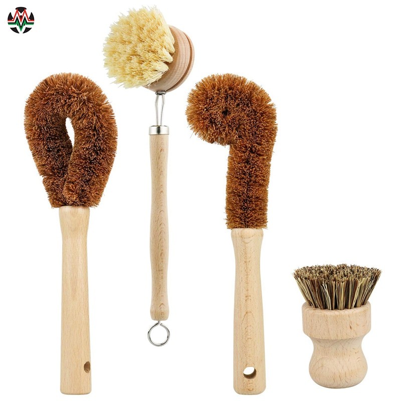 Brosse De Nettoyage à Base De Plantes 4 PièCES, Bois De Hêtre Et Soies De Noix De Coco Casserole En Bois Et Brosse De Nettoyage De Pot-brosse à Bo