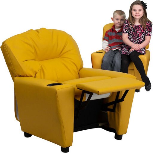 Contemporary Yellow Vinyl Kids Recliner with Cup Holder - BT-7950-KID-YEL-GG