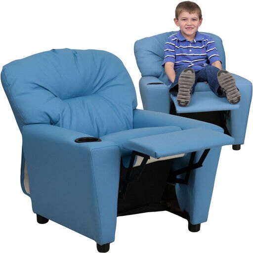 Contemporary Light Blue Vinyl Kids Recliner with Cup Holder - BT-7950-KID-LTB.