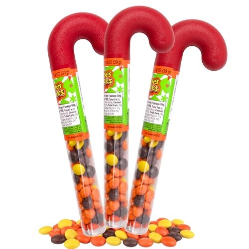 Reese's Pieces Filled Plastic Candy Cane Tubes, Chocolate Peanut Butter Candies, Christmas Stocking Stuffer Gits (Pack of 3)
