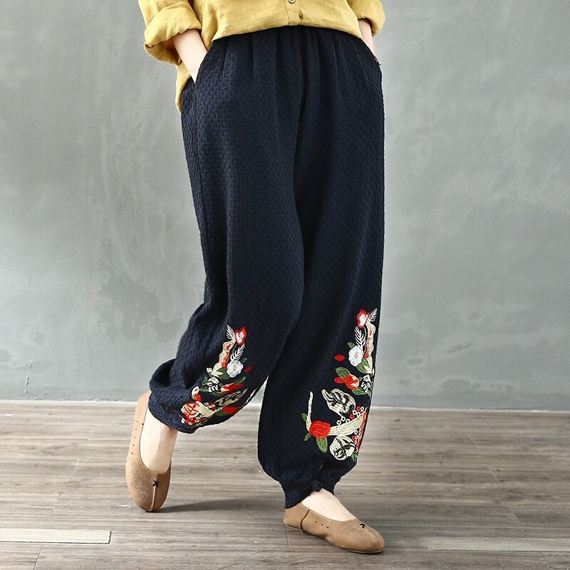 Pantalon En Coton Pour Femmes, Ethnique, Hippie, Longueur Cheville, Fleurs Brodées, Chinois, Sarouel, Automne Et Printemps, , 11808 thumbnail