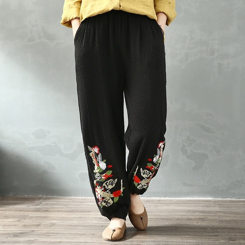 Pantalon En Coton Pour Femmes, Ethnique, Hippie, Longueur Cheville, Fleurs Brodées, Chinois, Sarouel, Automne Et Printemps, , 11808 thumbnail