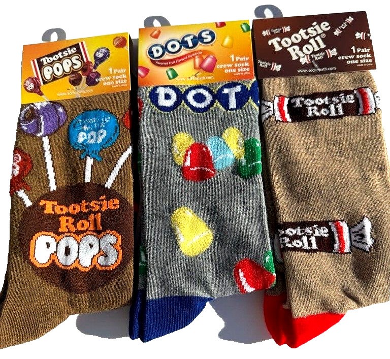 NEW TOOTSIE ROLL, TOOTSIE ROLL POPS & DOTS Collectible Unisex Crew Socks 3 Pairs